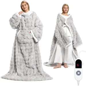 Wearable Heated Blanket, Luxury Faux  & Sherpa Electric Throw Blanket with Sleeves, Foot Pockets, Heated Robe for Women Men , 3 Heat Levels & 12H Timer, ETL & FCC Certified, 52"x 72" Light Grey