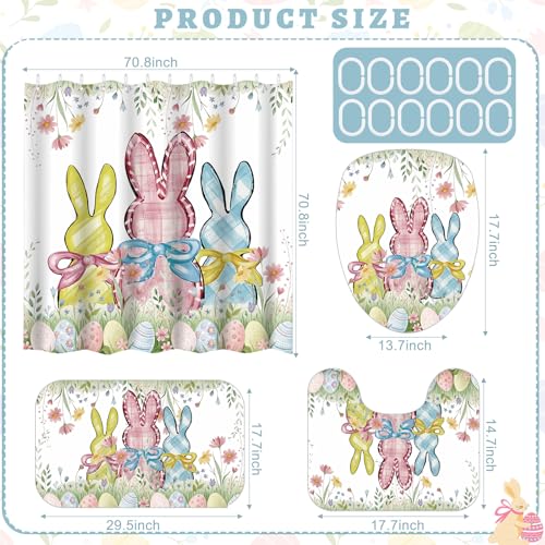 4/8Pcs Easter Bunny Bathroom Decor Set including 70x70in Waterproof Bunny Flower Shower Curtain with Hooks & Non Slip Bath Mat & U shaped Rug & Toilet Lid Cover for Spring Bathroom Makeover Home Supplies