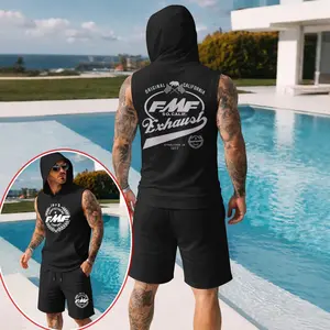 Men's Two-Piece Set: Retro-Print Hooded Vest & Shorts — Regular Fit, Casual Sporty Style, Sleeveless Top & Shorts; Men's Summer Apparel