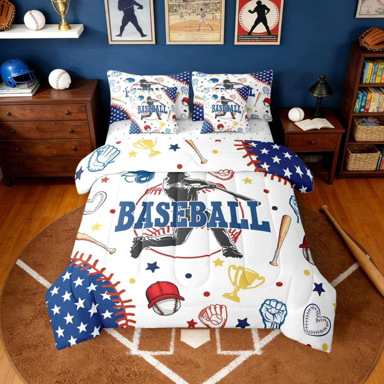 7 Pieces Baseball Comforter Set Softball Sports Bedding Set with Sheets Baseball Player Bed in A Bag for Adults Bedroom American Flag Bed Sets
