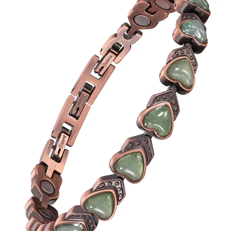 Jecanori Women's Elegant Luxe Touch Magnetic Metal Copper Cuff Bangle - Magnetic Snap Fit, Natural Unique Heart Gemstone Accent, Casual Daily Costume Jewelry Accessory