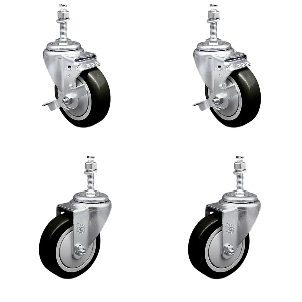 Service Caster Series #20 Stainless Steel Swivel Threaded Casters (4-Pack) - 4x1.25in Black Non-Marring Polyurethane Wheels, 10mm Stems, 2 with Top Locking Brake, 1400 lbs Capacity for Material Handling Carts, Equipment