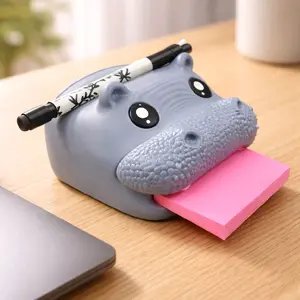 Cute Hippo Sticky Note Holder with Pen Slot & 3 Stencils | 3D Printed Desk