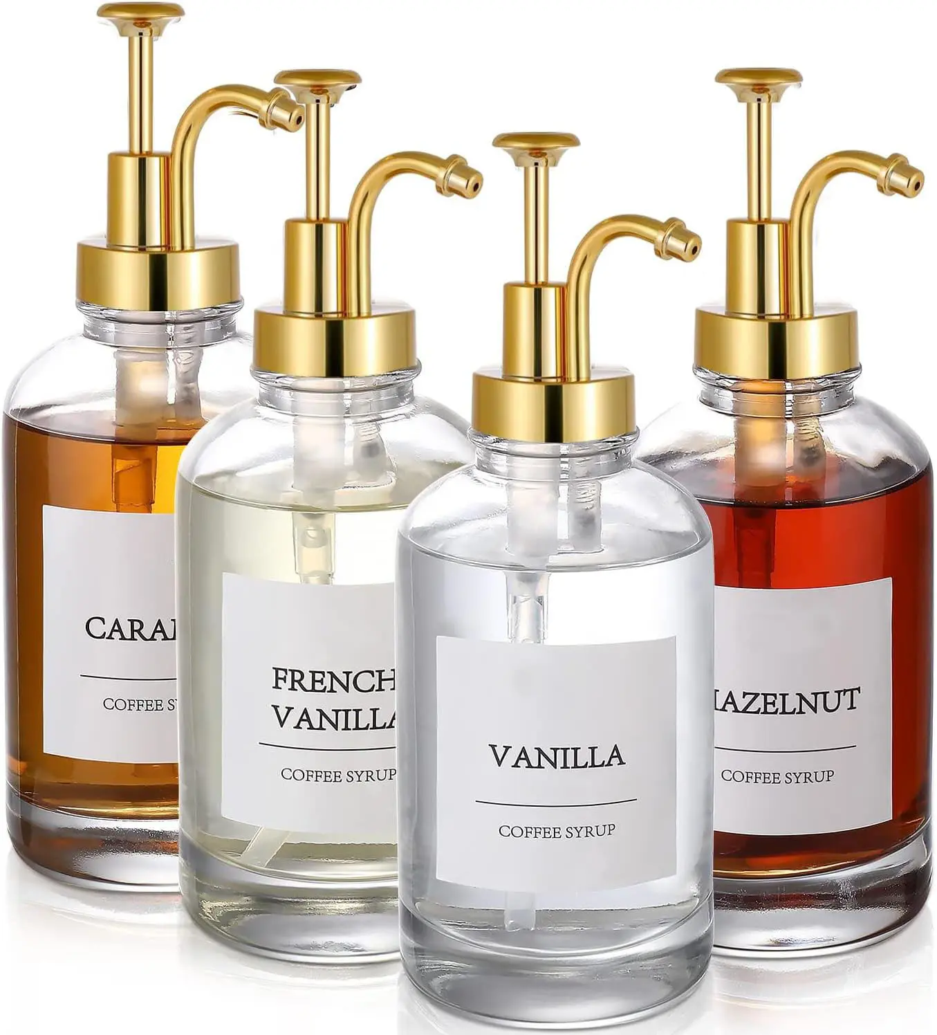 Coffee Bar Accessories 4-Pack 16.9oz Glass Syrup Dispenser with Gold Pump Durable Leak-Proof for Home & Small Commercial Use Easy Cleaning Clear Labeled Bottles