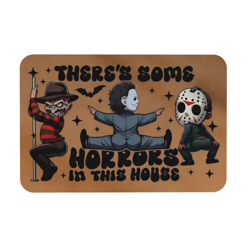 Funny Horror Characters Rubber This House Doormat, Xmas Halloween Christmas Welcome Mat, Spooky Season Front Door Kitchen Bathroom Rug