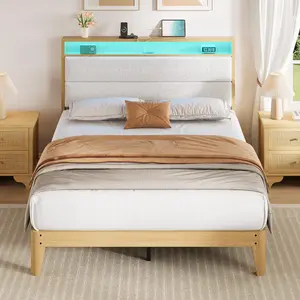 Garvee Full Bed Frame with Boucle Upholstery, RGB LED Light, Built-in Charging Station, 2-Tier Storage Headboard, Sturdy Wooden Slats Support, No Box Spring Needed, Easy Assembly, White Finish