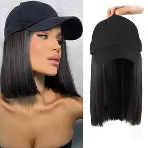 Short straight hair wig with integrated sun visor cap.Black visor cap wig