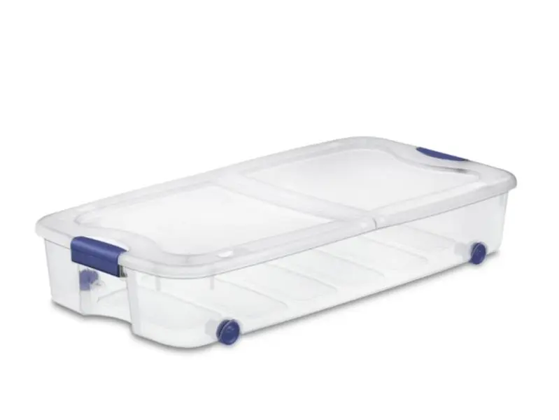 66 Qt Underbed Storage Bin with Wheels & Blue Lid, Low Profile
