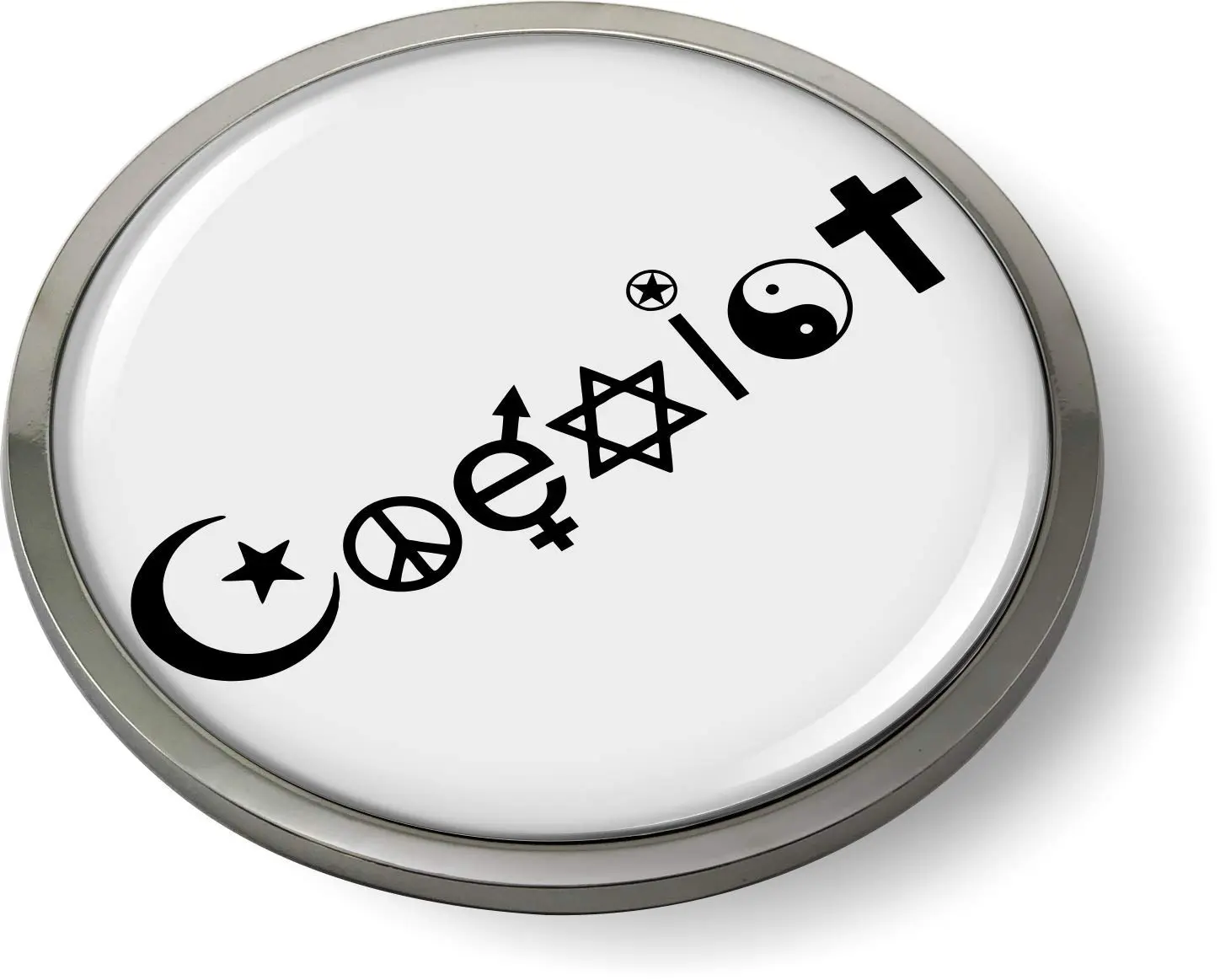 Coexist 3D Domed Emblem Badge Car Sticker - 3" dia., 3d doming resin, 1/8" thick, chrome round bezel, flexible, long lasting, water-resistant, white/black design, high-res print, automotive-grade adhesive foam, vehicle decor for cars-trucks, ideal gift, 3