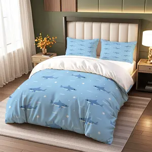 Cartoon Shark Print Bedding Set, 3-Piece Comfortable Sheet Set with Zipper, Includes 1 Fitted Sheet + 2 Pillowcases, Universal Fit
