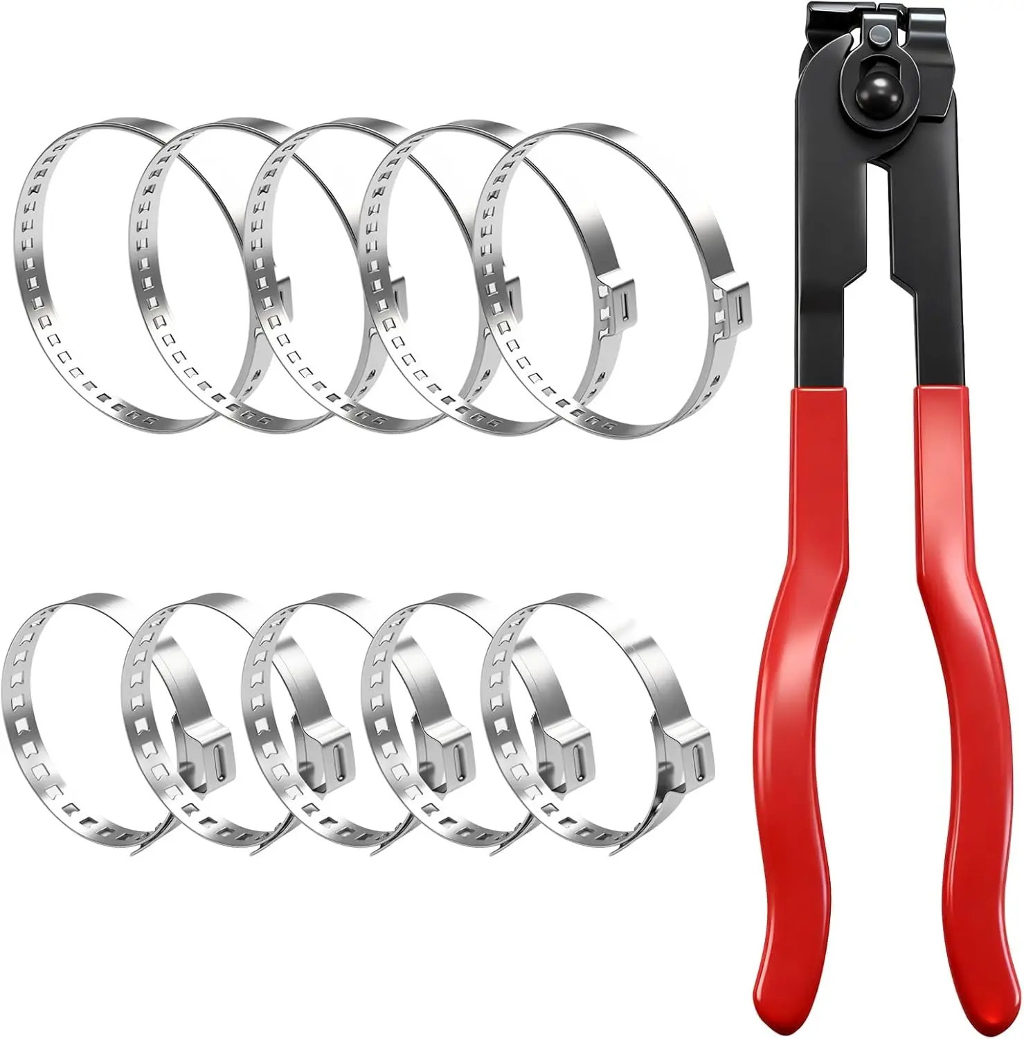 Boot Clamp Plier with 10PCS 304 Stainless Steel Crimp Bands, 5PCS Small and 5PCS Large Universal Adjustable Drive Shaft Joint Boot Crimp Clamps for Most Cars