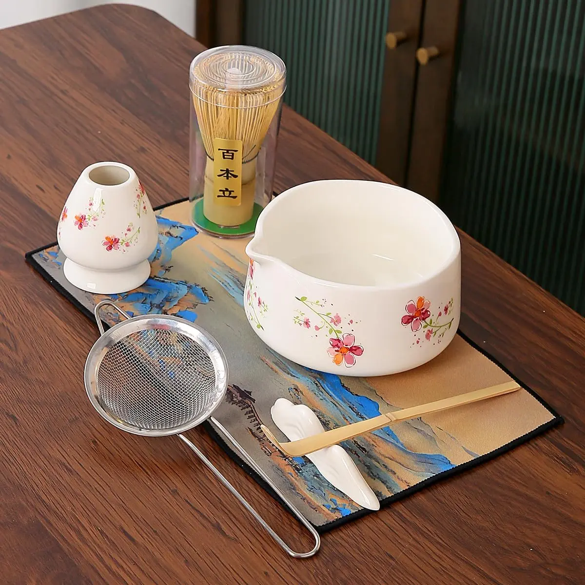 Traditional Tea Matcha Set 7-Piece Kit - Ceramic Bowl, Whisk, Whisk Holder, 1 Scoop, Strainer, Cleaning Cloth, White Box