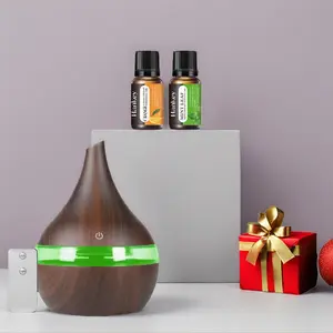 300ml USB Humidifier & Essential Oil Diffuser Wood Grain Design Cool Mist for Home Office Desktop Includes 2 Aroma Oils Aromatherapy Fragrance Machine