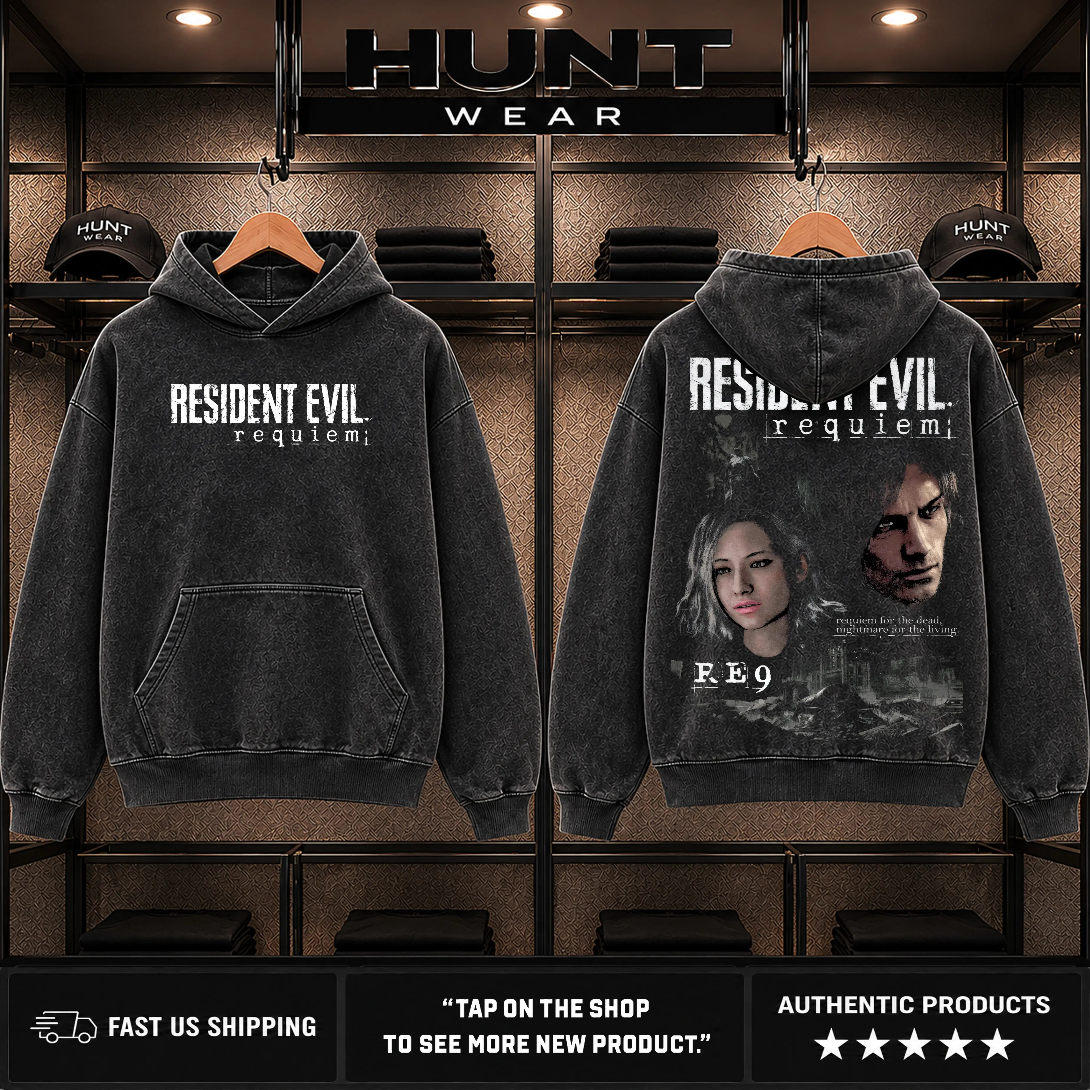 Resident Evil Re9 Remake Hoodie & T-Shirt Leon & Grace Ashcroft, Vintage Acid Wash Apparel, Survival Horror Game Merch, Gold Poster Pullover, Unisex Cotton Top