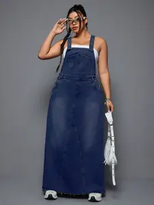 Plus Size Denim Backless Long Dress, Loose Fit Conceal Fat Slimming, Vintage Washed Frayed Hem Skirt, Casual Wear Womenswear Summer Fashion