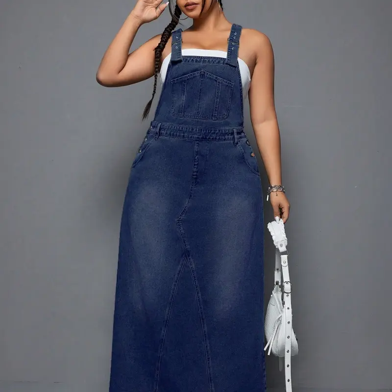 Plus Size Backless Long Denim Dress, Loose-Fit Vintage Washed Denim Dress with Frayed Hem, Casual Summer Dress for Everyday Wear, Flattering Womenswear Piece, Casual Sleeveless Dresses