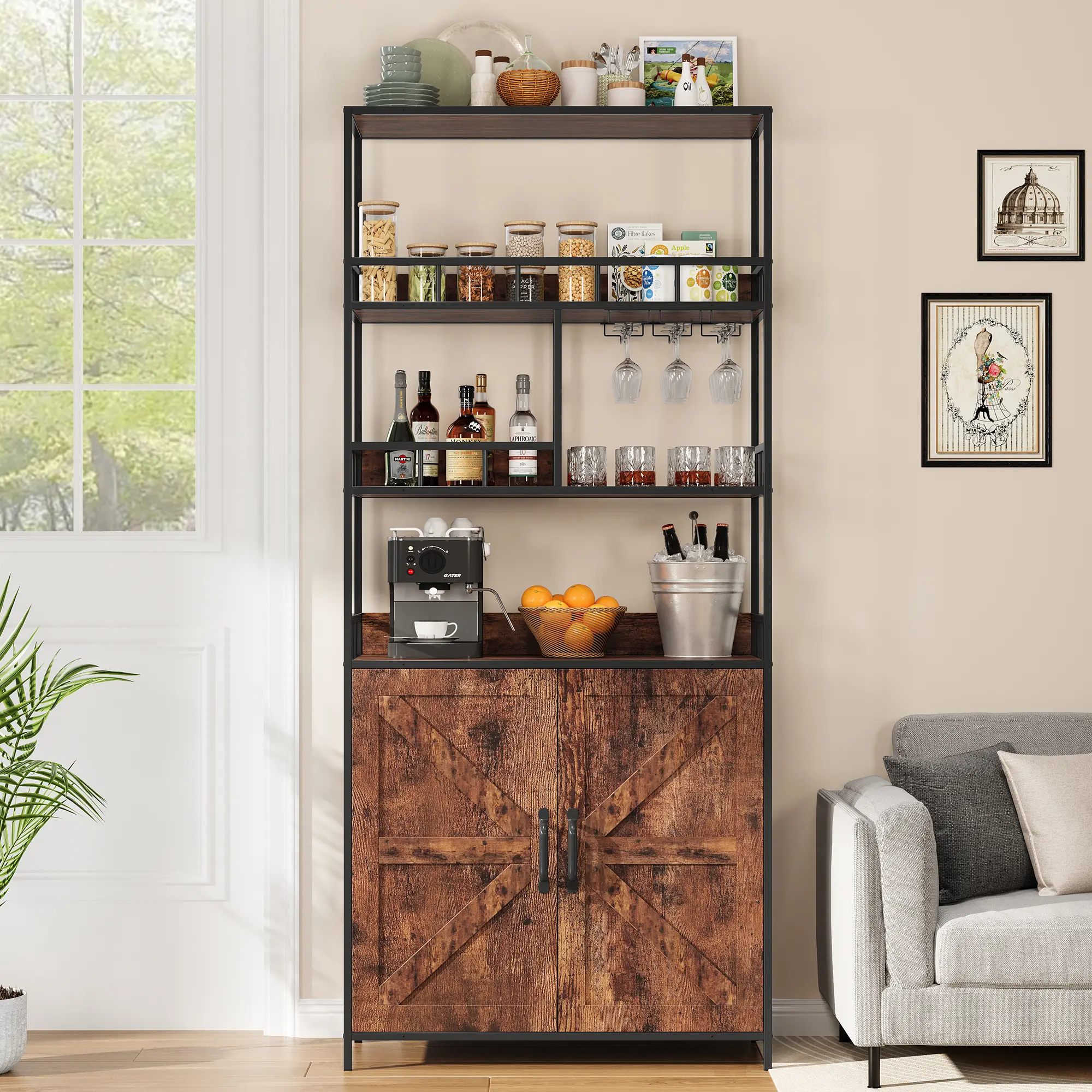 Multi-Functional Tall Freestanding Wine Bar Cabinet - 4/5-Tier Metal & Wood Shelves - Large Storage with Glass Holder & Tabletop - Bakers Rack for Kitchen, Dining Room, Home Bar, Microwave Stand