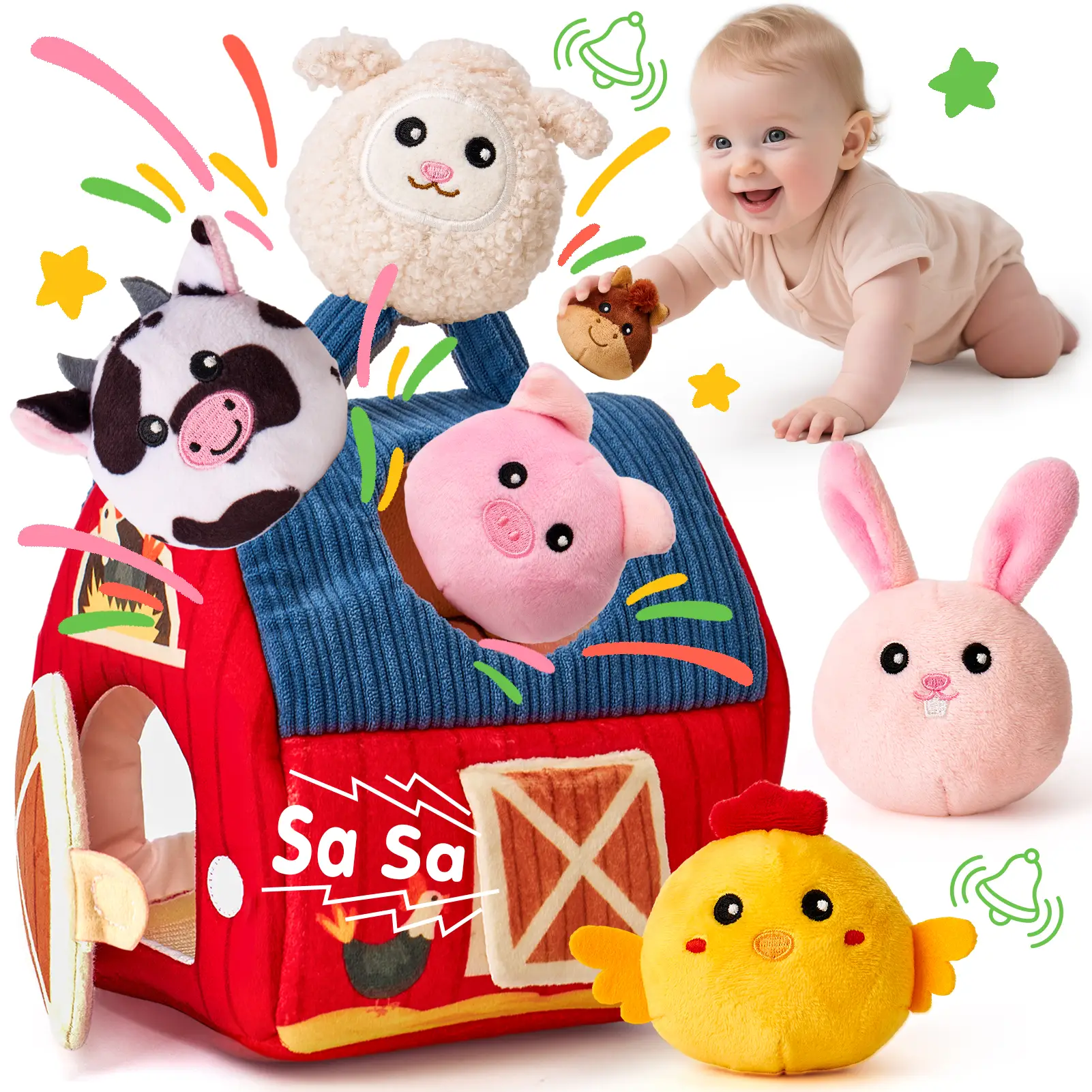 Surprise Barn with Stuffed Farm Animals Baby Toys 6-12 Months - Rattle, Crinkle Paper, Mirror - Montessori Developmental Toys for Babies, Sensory Toy