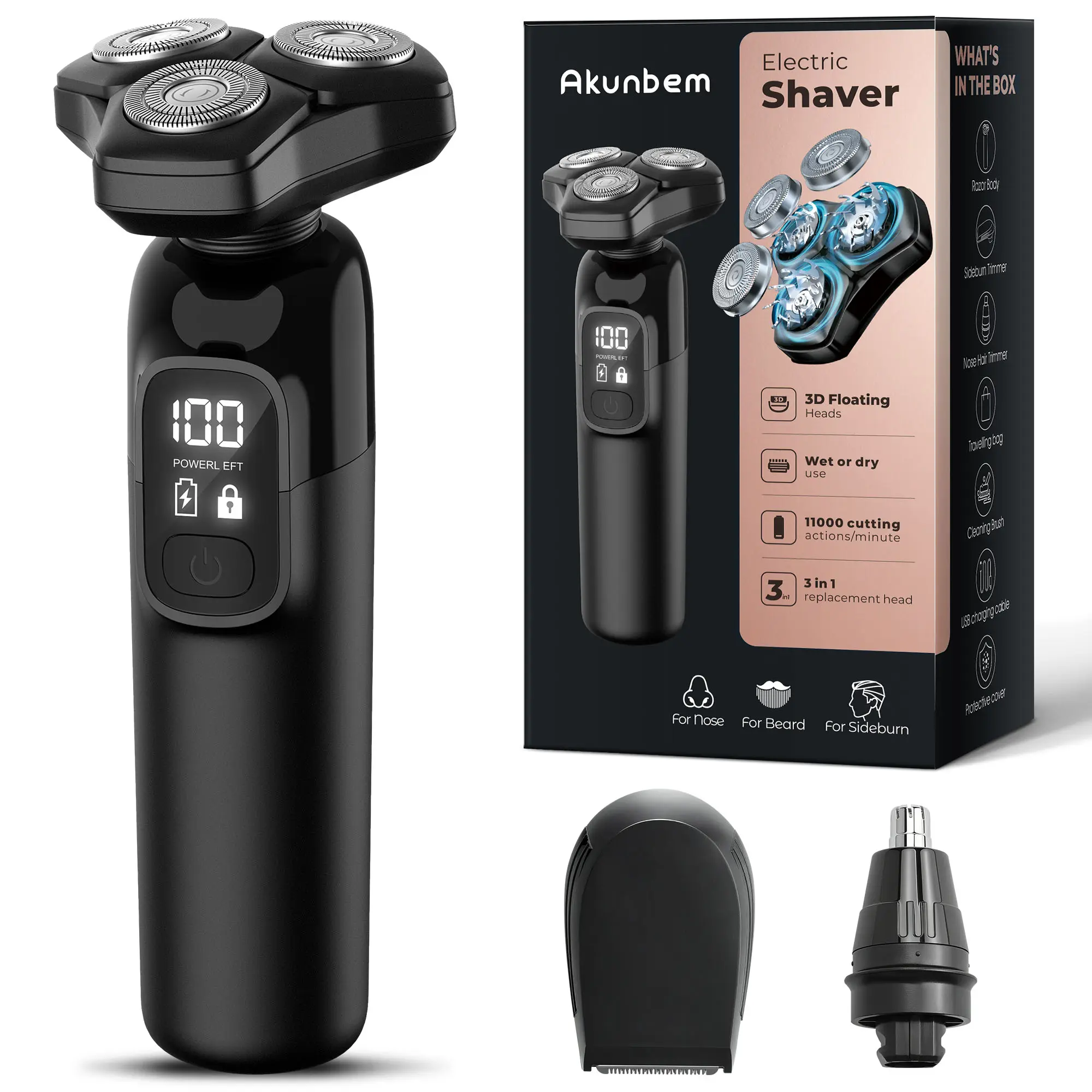 Akunbem Electric Razor for Men 3-in-1 Cordless Shaver 3-Blade Rotary Shavers Wet/Dry for Beard Nose & Face, IPX7 Waterproof Fast Charge Travel Trimmer Grooming Set ,Groin Hair Trimmer,for Men&Bald Head Shaving,Husband Gift, Birthday, Halloween &Christmas