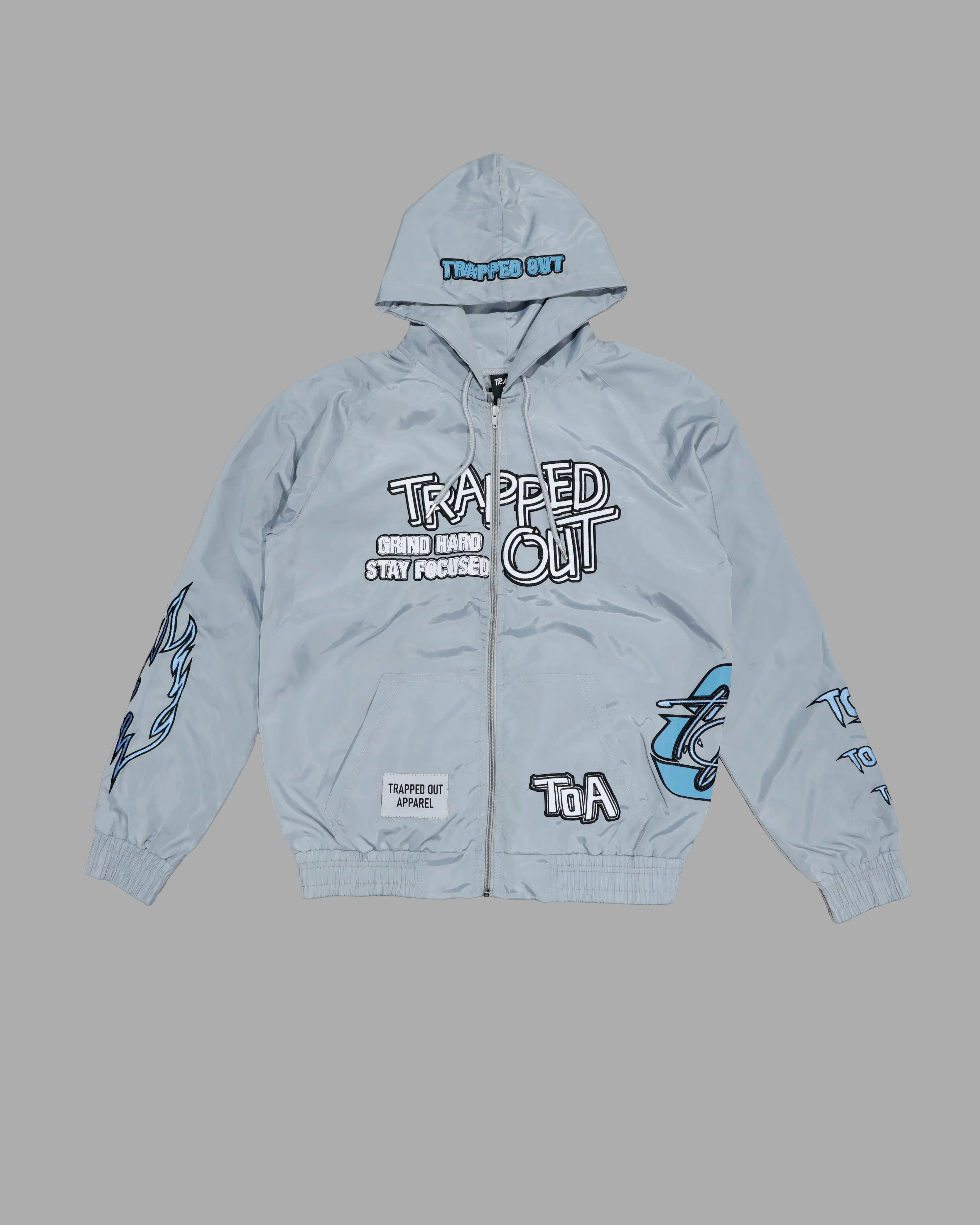 Men's Gray-Sky Blue Graphic Windbreaker Jacket with Hood, Smooth Fabric, Elastic Matching Hem