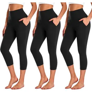 YOUNG 3 Pack Capri Leggings for Women with Pockets-High Waisted Tummy Control Workout Gym Yoga Pants