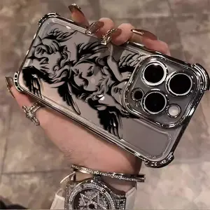 Black Angel Cupid God of Love Sacred Pattern Creative Design Exquisite Electroplating TPU Shell Suitable For IPhone 17 16 15 14 13 12 11 PRO PLUS MAX AIR Four-corner Drop-proof Transparent Casual Soft Silicone Mobile Phone Case L340