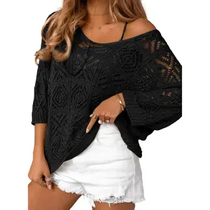 Women’s 2026 Spring–Summer Crochet Hollow-Out 3/4 Sleeve Pullover Sweater Off-Shoulder T‑Shirt GARMENTARY