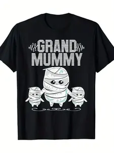 Funny Grand Mummy Family Halloween Graphic T-Shirt, Cute Mummy Grandma & Grandkids Casual Short Sleeve Tee, Halloween Trick Or Treat, Family Costume Party & Autumn Holiday Gift, Loose Trendy Streetwear Top For Grandparents