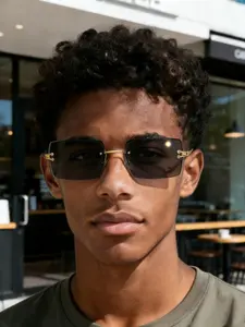 Men's Metal Rectangular Frameless Decorative Sunglasses, High-Quality Fashion Sun Glasses, Casual Style, All Seasons, Street Photography Party Festival Wear