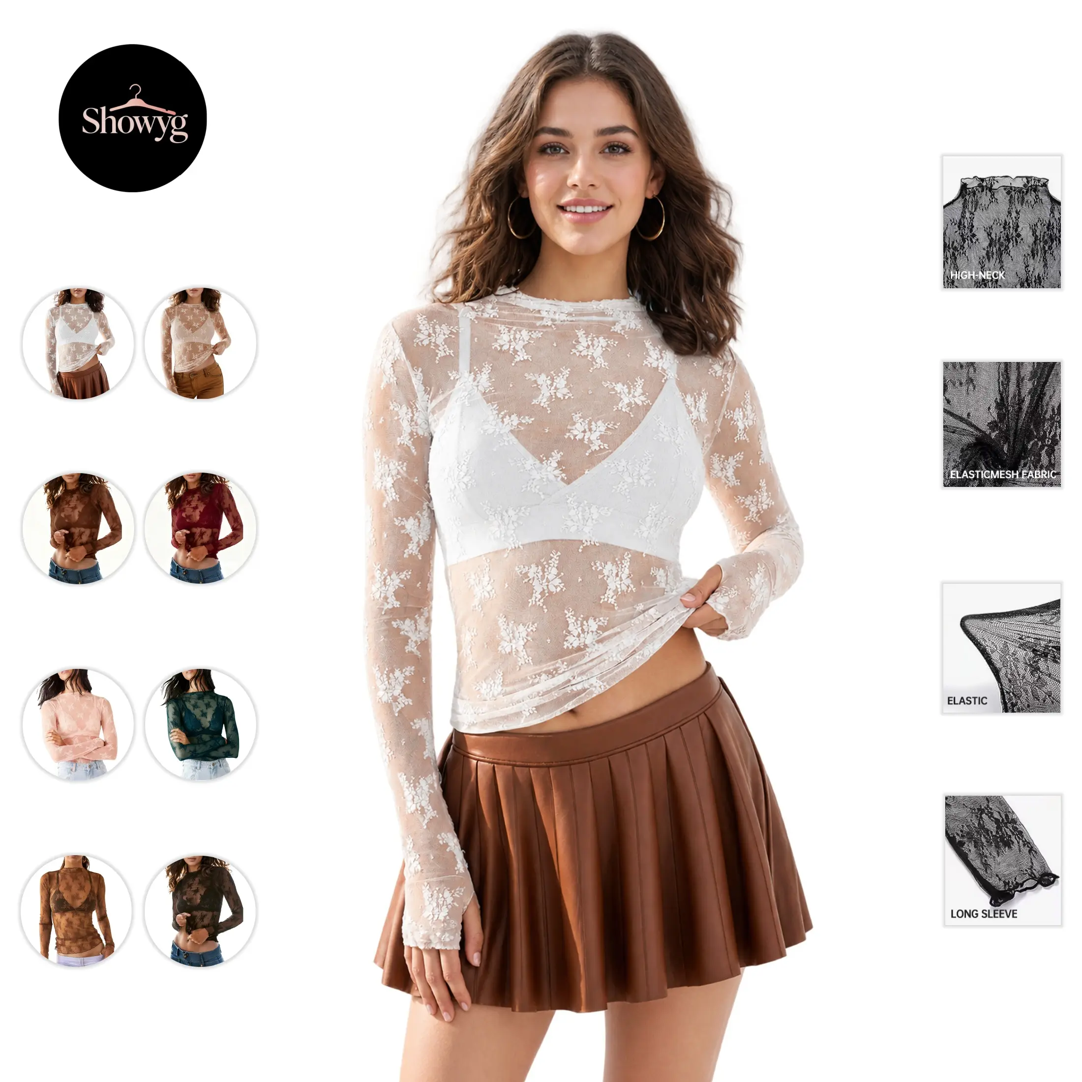 Showyg Women's Floral Sheer Mesh Long Sleeve Top, Fitted See Through Lace Blouse, Casual Party Spring Summer Layering Shirt