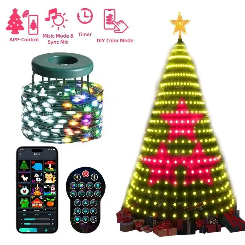 Smart Christmas Tree Lights with Remote and APP Control, 400 RGB Color-Changing LED Bulbs, 11 Lighting Modes, Timer Function and Music Sync Effect, Suitable for Christmas Decorations and Holiday Party Arrangements.