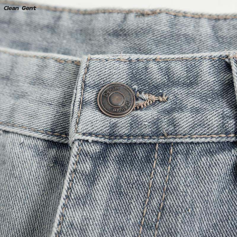 Clean Gent Men's Vintage Washed Loose Straight Jeans, Casual All-Season Trousers, Street Style, Zipper Fly, Solid Color Pattern, Everyday Denim Pants