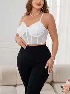 Plus Size Rhinestone Bustier Crop Top for Women, Sparkly Corset Cropped Cami Top with Underwire Look, Mesh Sheer Slim Fit, Spring Summer Outerwear & Fall Winter Layering, Club Party Going Out Top Womenswear
