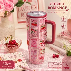 1 Pc 40 Oz Cherry Collage Stainless Steel Insulated Tumbler with Handle and Lid, Double Wall Vacuum Thermal Cup, Hot 12H/ Cold 24H, Vintage Sweet Aesthetic, Perfect for Daily Use and Gift.