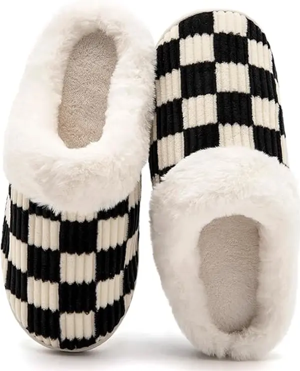 Checkered Fluffy Warm Home Slippers, PlushSlippers For Women,Winter Closed Toe Soft SoleHouse Shoes, Cozy Bedroom Plush SlippersCotton Footwear