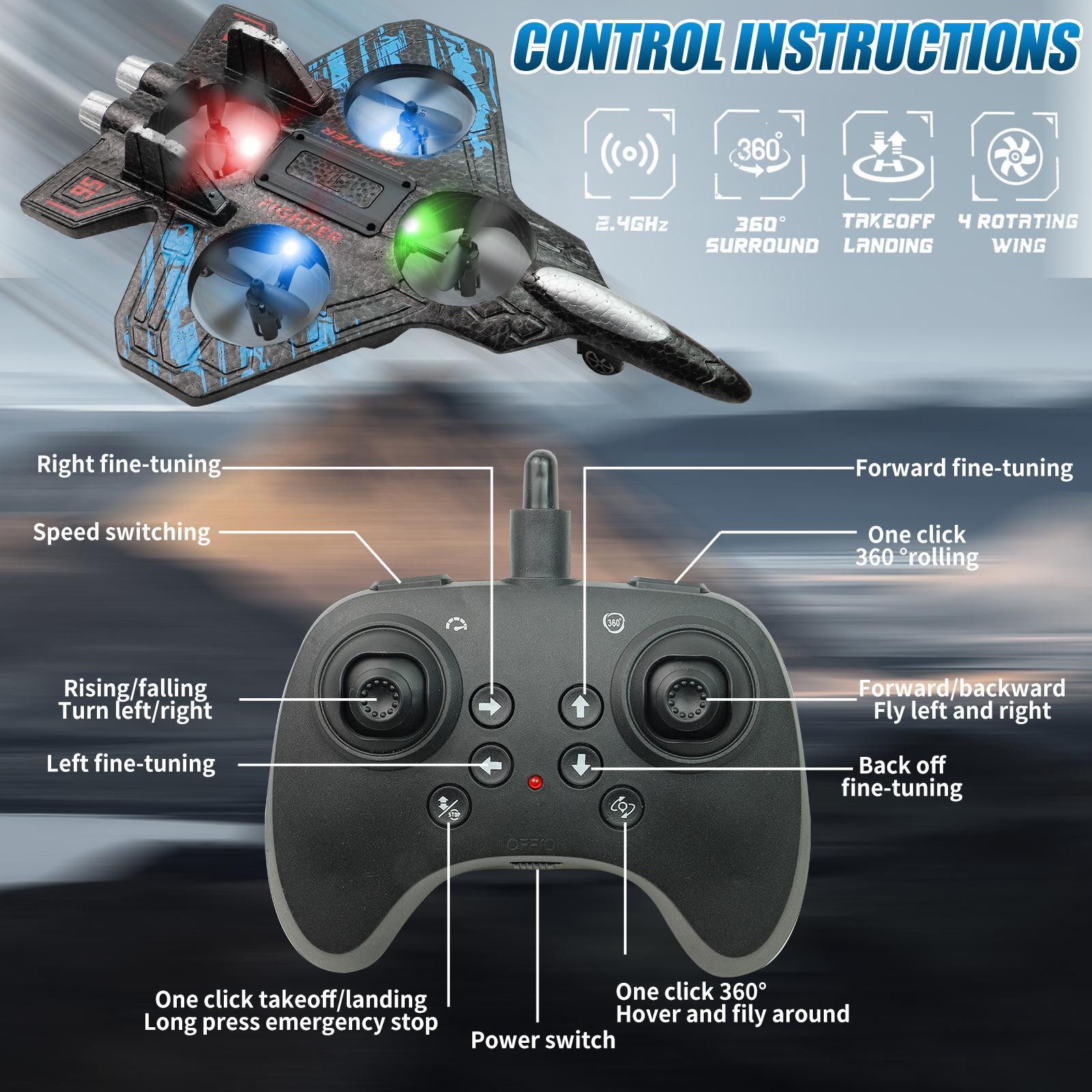 Remote Control Jet Fighter Plane Jet Toy for Kids 360° Stunt Flips, Colorful LED Lights, Easy RC Drone Toy for Beginners