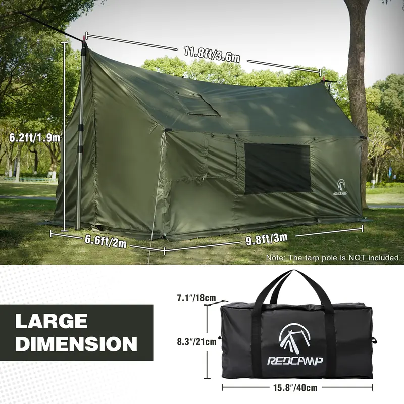 RedCAMP Large Hammock Hot Tent 11.8x6.6x6.2ft Waterproof Windproof 4 Season Family Camping Canopy Shelter 210T Polyester 3-Zipper Design