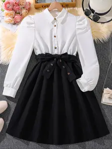 Teenage Classic Color Collar Button Bubble Long Sleeve Adjustable Dress, Collared Dress, Fashionable and Stylish for Girls