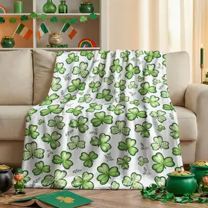 St. Patrick's Day Fuzzy Blanket Watercolor Shamrock Throw Blanket Lucky Clover Irish Green Decorative Soft Cozy Flannel Blanket for Home Bed Sofa Couch Chair