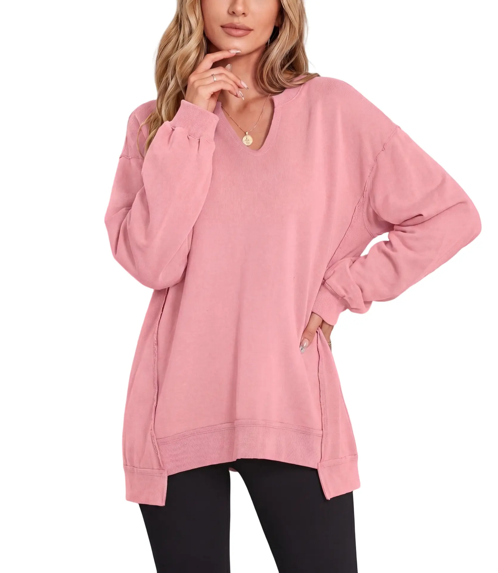 ARSSM Women’s Oversized V-Neck Sweatshirt, Loose Fit Long Sleeve Lightweight Pullover Tunic Top, Casual Winter Tops for Women