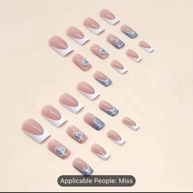 24pcs White French Tip Fake Nails, Blue Glitter Press On Nails With Heart And Sequin Design, Glossy Pink Glue On Nails Set, Full Cover Short Square False Nails For Women And Girls Nail Art Nail Care Nail Polish Polish Cutics Manicure Cosmetic