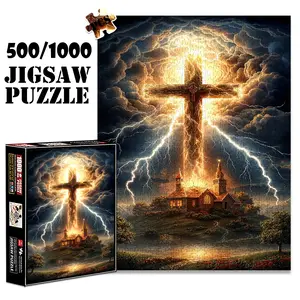 1pc 1000 piece adult puzzle 70x50cm Giant Cross with Lightning over Church Scene 500 pieces of paper jigsaw puzzle, suitable for adults and families, large-scale DIY puzzle interactive toy games,