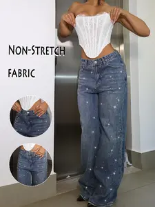 GILIPUR Women's Fashionable Mid-Rise Wide-Leg Jeans, Fitted Woven Fabric, Vintage Washed Straight-Leg Jeans,Rhinestone Embellished, All-Season Fashion Pants,T-Chic