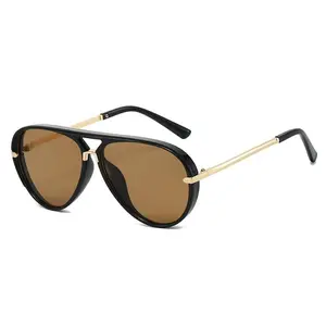 BeadBreath Y2K Aesthetic Aviator Sunglasses, Black Frame Gold Metal Arms, UV400 Retro Fashion Shades