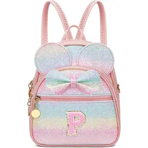 Initial Bowknot Mini Backpacks for Girls Women, Small Cute Backpack Purse, Personalized Trendy Stuff Gifts for ,  and Teen Girls(P, Rainbow)