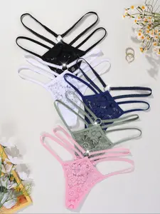 Women's Lace Trim Thong Set, Underwear Sets, Sexy Floral Lace Design, Low Waist, Slim, Innerwear, Comfortable and Stylish, Valentine’s Day Romantic Gift Underwear