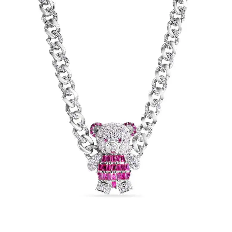 7MM 925 Sterling Silver Teddy Bear Baguette Pink and Clear CZ Encrusted Miami Cuban Link Chain
