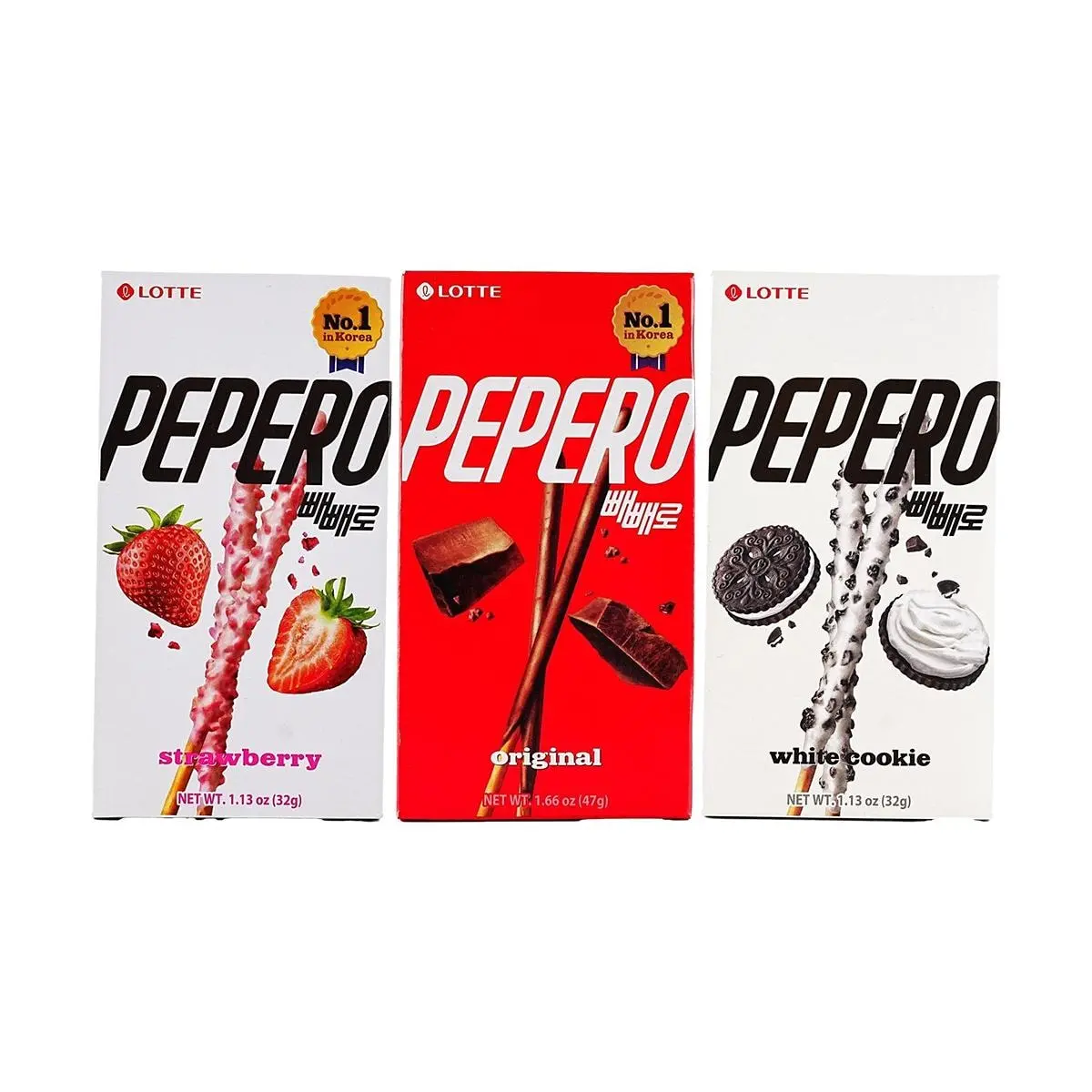 LOTTE Pepero Cookie Sticks 3 Flavors Combo Pack - Strawberry, White Choco Cookie, Original Chocolate - 32g x 3 Boxes - Korean Snack Variety