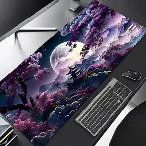 Purple Cherry Blossom Moon Mountain Mouse Pad, Japanese Fantasy Landscape Desk Mat, Desk Accessories, Oversized Non-Slip for Gamers & Art Lovers, Mystical Night Aesthetic, Ideal for Gaming Setup