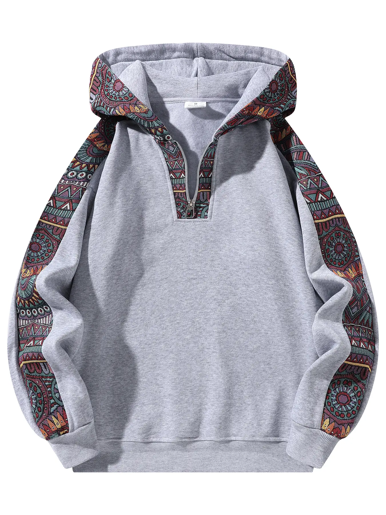 Men's Ethnic Pattern Color Block Emo Hoodie - 1/4 Quarter Zip Long Sleeve Easy-On Double-Colored Dual-Toned Colors Men's Hoodie Pullover, Casual Boho Outfits Menswear Top, Stylish Grey, Colors Men's Hoodies